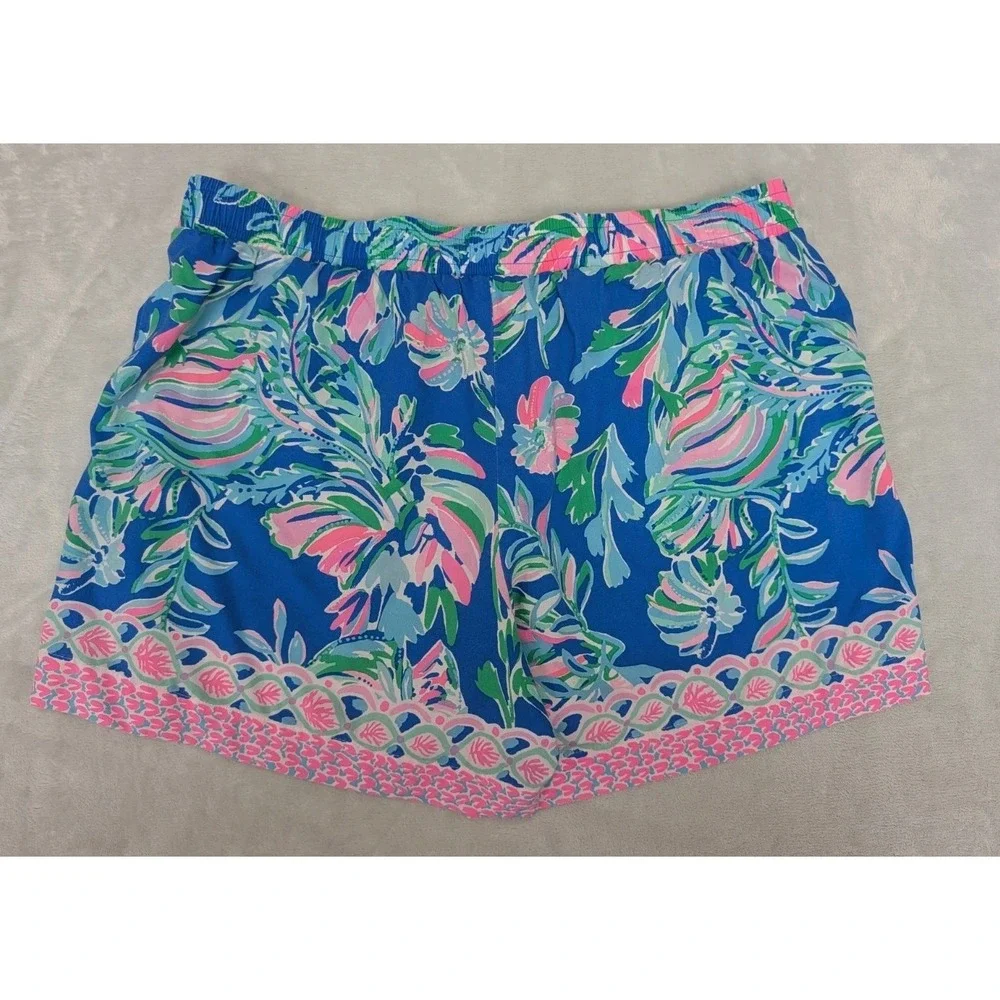Lilly Pulizer Women's Large Shorts Blue Pink Coastal Flowy Classic Elastic Waist